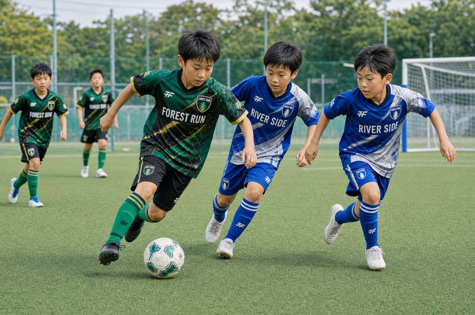 人工芝でプレーするジュニアサッカー選手のイメージ
