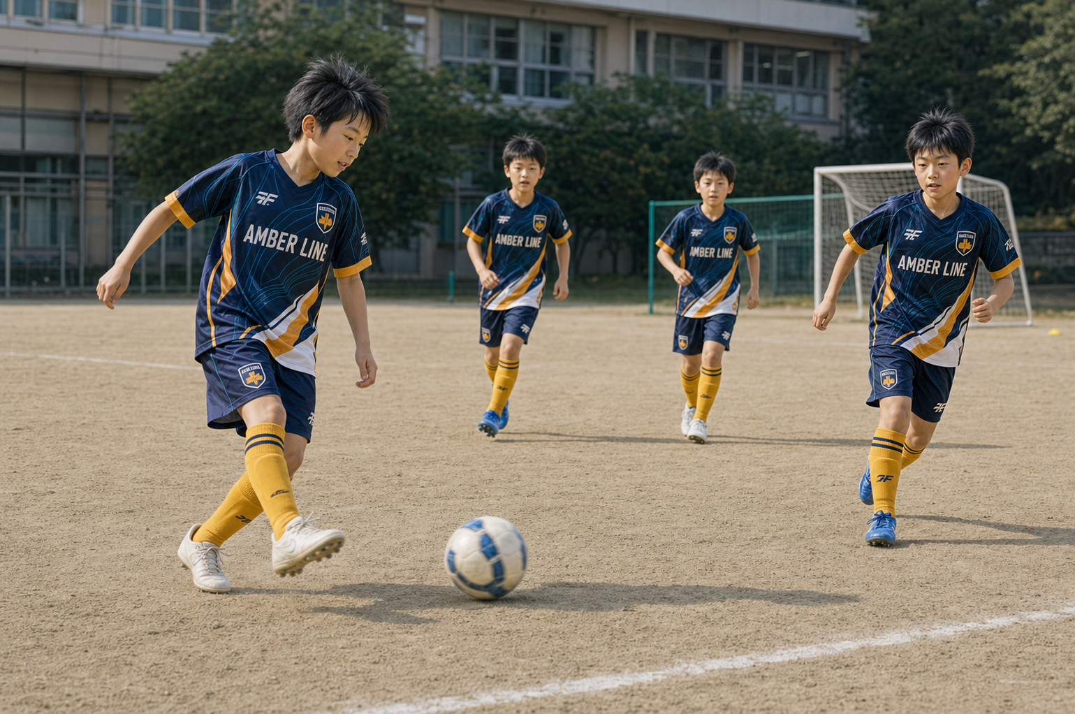 子どもたちがグラウンドでサッカーをするイメージ